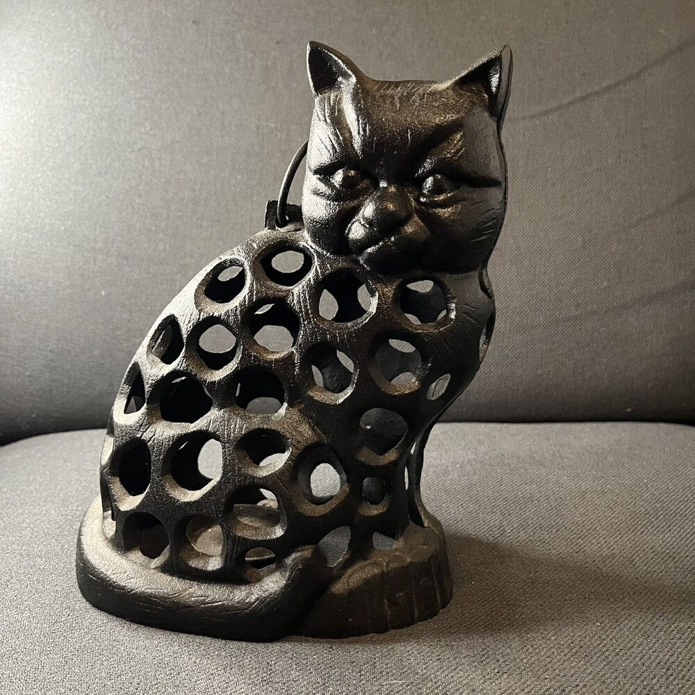 Vintage Cast Iron Cat Lantern Candle Holder Open Lattice Pouty Face Garden Art